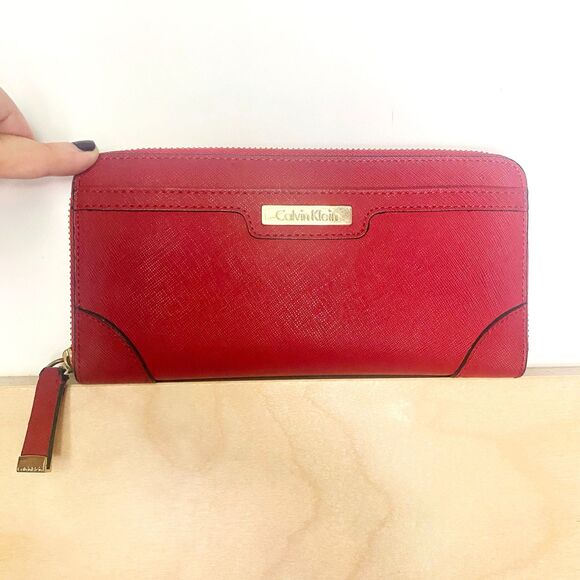 Calvin Klein Red Saffiano Leather Zip Around Long Wallet w/ Gold Interior - Picture 1 of 11